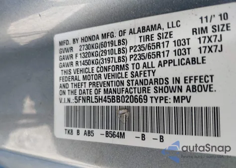 2011 Honda Odyssey Ex из США, поврежденный, VIN 5FNRL5H45BB020669